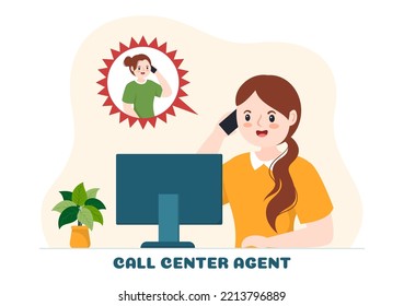 Call Center Agent of Customer Service or Hotline Operator with Headsets and Computers in Flat Cartoon Hand Drawn Templates Illustration