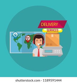 call center agent with delivery service icons