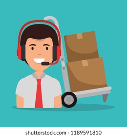 call center agent with delivery service icons