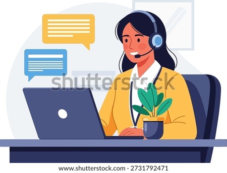 Call center agent with headphones. Working on computer. Chat bubbles.