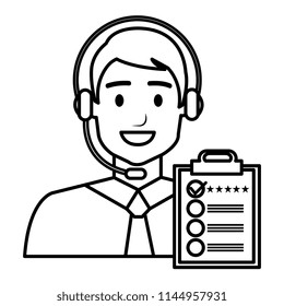 call center agent with headset and checklist