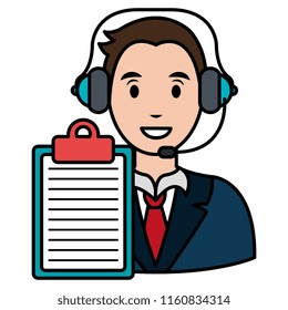call center agent with headset and checklist