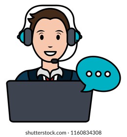 call center agent with headset and laptop