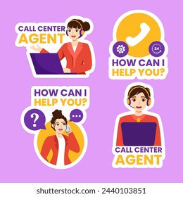 Call Center Agent Label Flat Cartoon Hand Drawn Templates Background Illustration