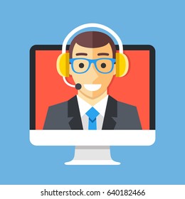 Call center agent on computer screen. Customer support, technical support, client service, online help concepts. Modern flat design graphic elements. Vector illustration