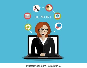 Call center agent on computer screen. Customer support, technical support, client service, online help concepts. Modern flat design graphic elements. Vector illustration