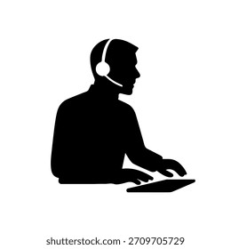 Call center agent silhouette typing on a keyboard, wearing a headset