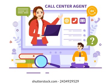 Ilustración vectorial de agente de centro de llamadas de servicio al cliente u operador de línea directa con auriculares y computadoras en fondo plano de dibujos animados