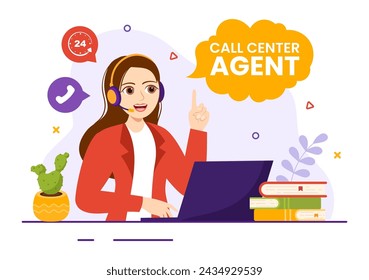 Call Center Agent Vector Illustration of Customer Service or Hotline Operator with Headsets and Computers in Flat Cartoon Background