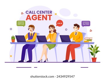 Ilustración vectorial de agente de centro de llamadas de servicio al cliente u operador de línea directa con auriculares y computadoras en fondo plano de dibujos animados