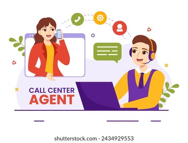 Call Center Agent Vector Illustration of Customer Service or Hotline Operator with Headsets and Computers in Flat Cartoon Background