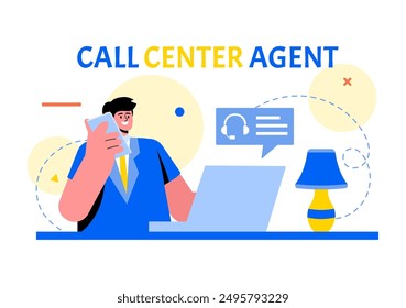 Call Center Agent Vector Illustration of Customer Service or Hotline Operator with Headsets or Computers in a Flat Style Cartoon Background