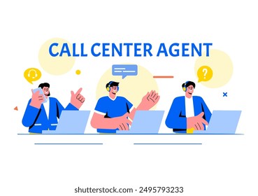 Call Center Agent Vector Illustration of Customer Service or Hotline Operator with Headsets or Computers in a Flat Style Cartoon Background
