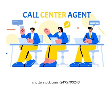 Call Center Agent Vector Illustration of Customer Service or Hotline Operator with Headsets or Computers in a Flat Style Cartoon Background