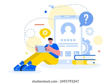 Ilustración vectorial del agente del centro de llamadas del Servicio al cliente o del operador de la línea directa con los auriculares o los ordenadores en un fondo plano de la historieta del estilo