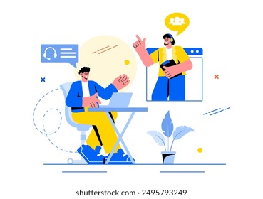 Call Center Agent Vector Illustration of Customer Service or Hotline Operator with Headsets or Computers in a Flat Style Cartoon Background
