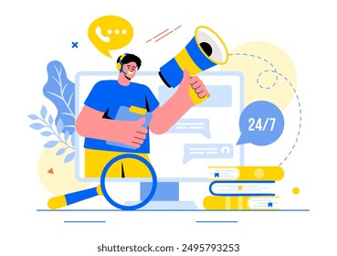 Ilustración vectorial del agente del centro de llamadas del Servicio al cliente o del operador de la línea directa con los auriculares o los ordenadores en un fondo plano de la historieta del estilo