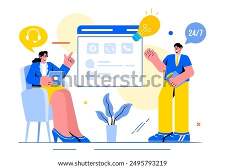 Call Center Agent Vector Illustration of Customer Service or Hotline Operator with Headsets or Computers in a Flat Style Cartoon Background