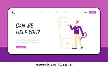 Call Center Agent Working on Support Hotline Landing Page Template. Client Male Character Stand at Huge Telephone Tube with Question Mark in Hand Call to Tech Office. Linear Vector Illustration