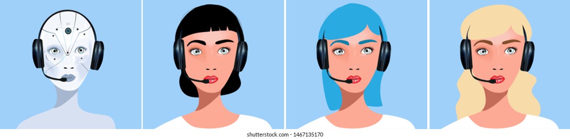 Call center agents 3d avatars. Online chat operators Online customer service assistants with headphones. Reference service of people and robot consultants. Vector
