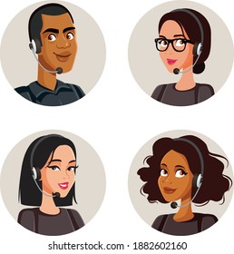 Call Center Agents Avatars Collection Set. Smiling office workers with headsets cartoon characters 
