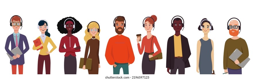 Call center agents avatars collection set. Call center, customer support, telemarketing agents. Modern flat vector illustration portraits set.