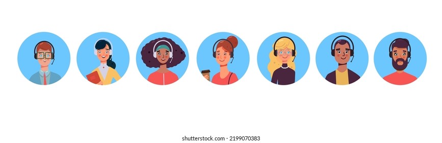 Call center agents avatars collection set. Call center, customer support, telemarketing agents. Modern flat vector illustration portraits icons set.