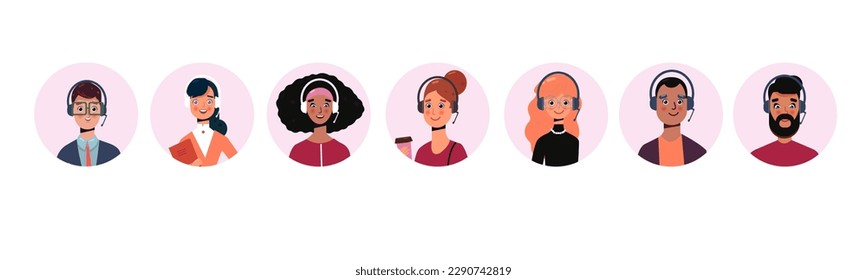 Call center agents avatars collection set. Call center, customer support, telemarketing agents. color palette 2023 cartoon Vector portraits set.