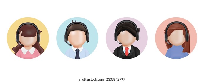 Call center agents avatars collection set. Call center, customer support, telemarketing agents. 3D render style icons set.