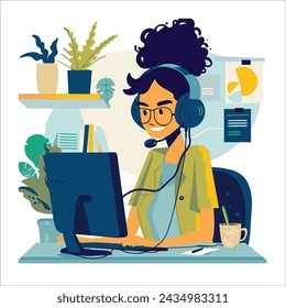 Agentes del centro de llamadas avatares planos. Operadores de chat en vivo, chicos y chicas sonriendo caras. Asistente de servicio de atención al cliente con auriculares.