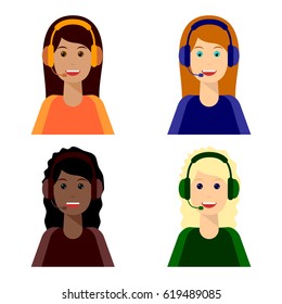 Call center agents flat avatars. Live chat operators, girls smiling faces. Online customer support service assistants with headphones.