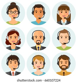 Call center agents flat avatars with headphones. Online support service assistant. Vector illustration.