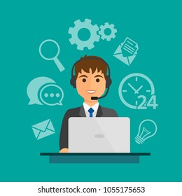 Call center agents with headphones and icons. Online support service assistant. Vector illustration