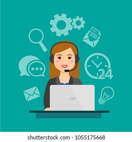 Call center agents with headphones and icons. Online support service assistant. Vector illustration