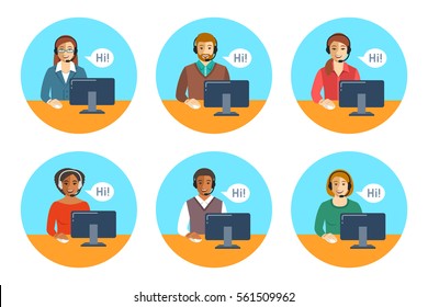 Call center agents team. Flat vector round icons. Customer care operators, guys and girls with smiling faces sitting at desks with computers. Online support service assistants with headphones