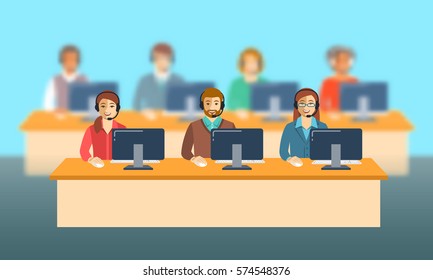 Call center agents team at office. Flat vector banner. Customer care operators, guys and girls with smiling faces sitting at desks with computers. Online support service assistants with headphones.