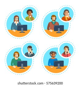 Call center agents team talking on the phone with customers. Flat vector banners. Customer care operators. Online technical support service assistants with headphones.