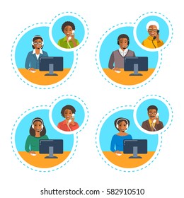 Call center agents team talking on the phone with customers. Flat vector banners. African American customer care operators. Online technical support service assistants with headphones.