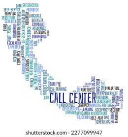 Call center analytics word cloud concept. Typography design text block. Composition of words for call center analytics and technical skills relevancy. Telephone shape created from the text.
