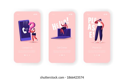Call Center Answering Questions Online Mobile App Page Onboard Screen Template. Call Operator and Client Characters Hotline Communication, Consultation Concept. Cartoon People Vector Illustration