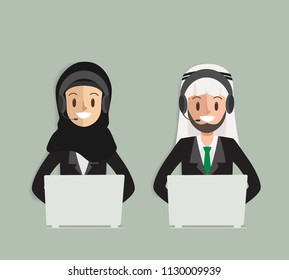 call center arab character with headset phone to communication online service.