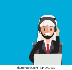 call center arab character with headset phone to communication online service.