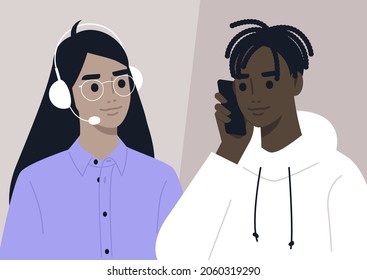 Call center assistant helping to a customer, a hotline concept