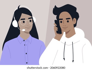 Call center assistant helping to a customer, a hotline concept