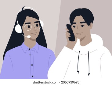 Call center assistant helping to a customer, a hotline concept