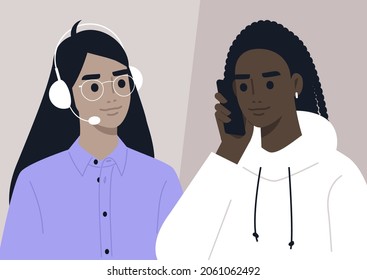 Call center assistant helping to a customer, a hotline concept