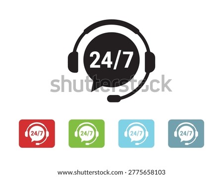 Call center assistant logo, twenty four seven help desk symbol, professional telemarketing icons, colorful web buttons.