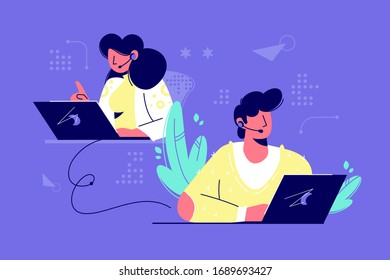 Call center assistants vector illustration. Man and woman operators in headset advising customers flat style design. Providing support service concept