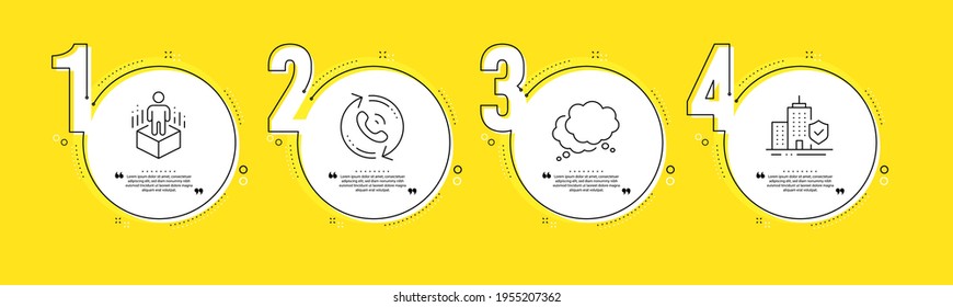 Call center, Augmented reality and Speech bubble line icons set. Timeline process infograph. Apartment insurance sign. Recall, Virtual reality, Chat message. Flat coverage. Business set. Vector