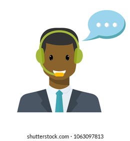 Call center avatar in a flat style with a headset,color  speech bubbles conceptual of communication,  client services, telemarketing,business isolated on a white background.Male black worker help line